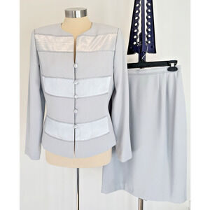 ADRIANNA PAPELL Skirt Suit Set Satin Silver Spring Easter Wedding Women's Size 6